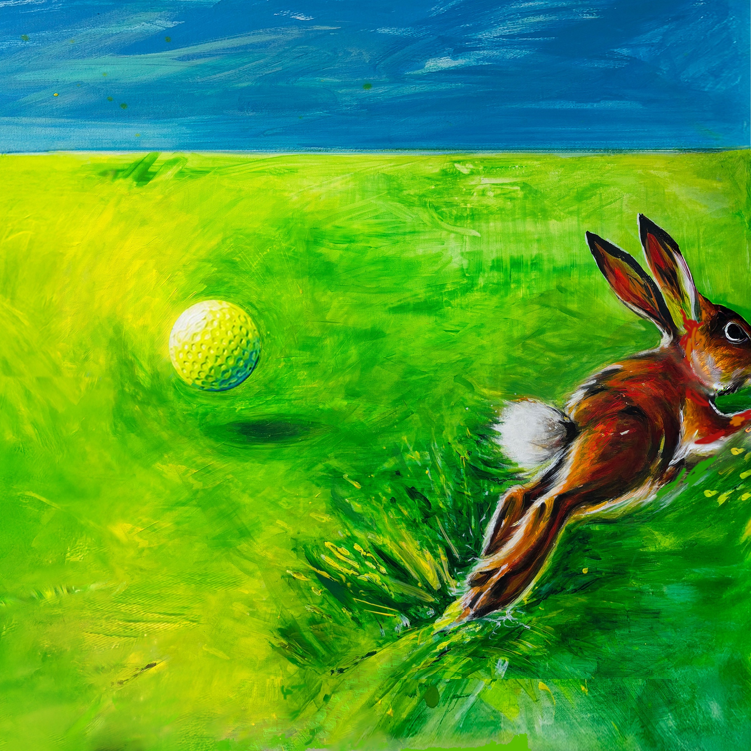 Acrylgemälde: Hase auf einem Golfplatz mit Golfball